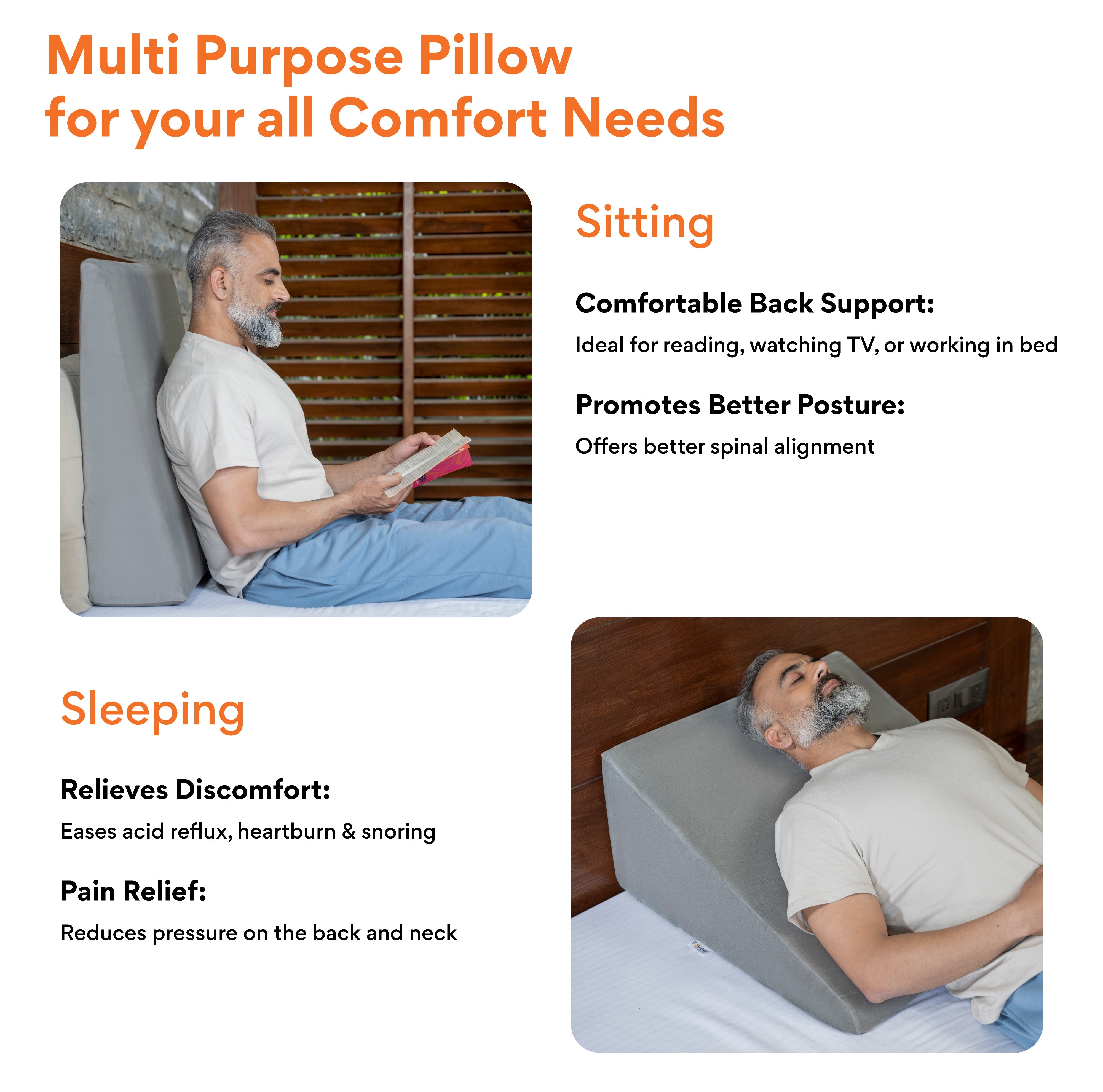 Multi Purpose Bed Wedge Pillow - Memory Foam Top