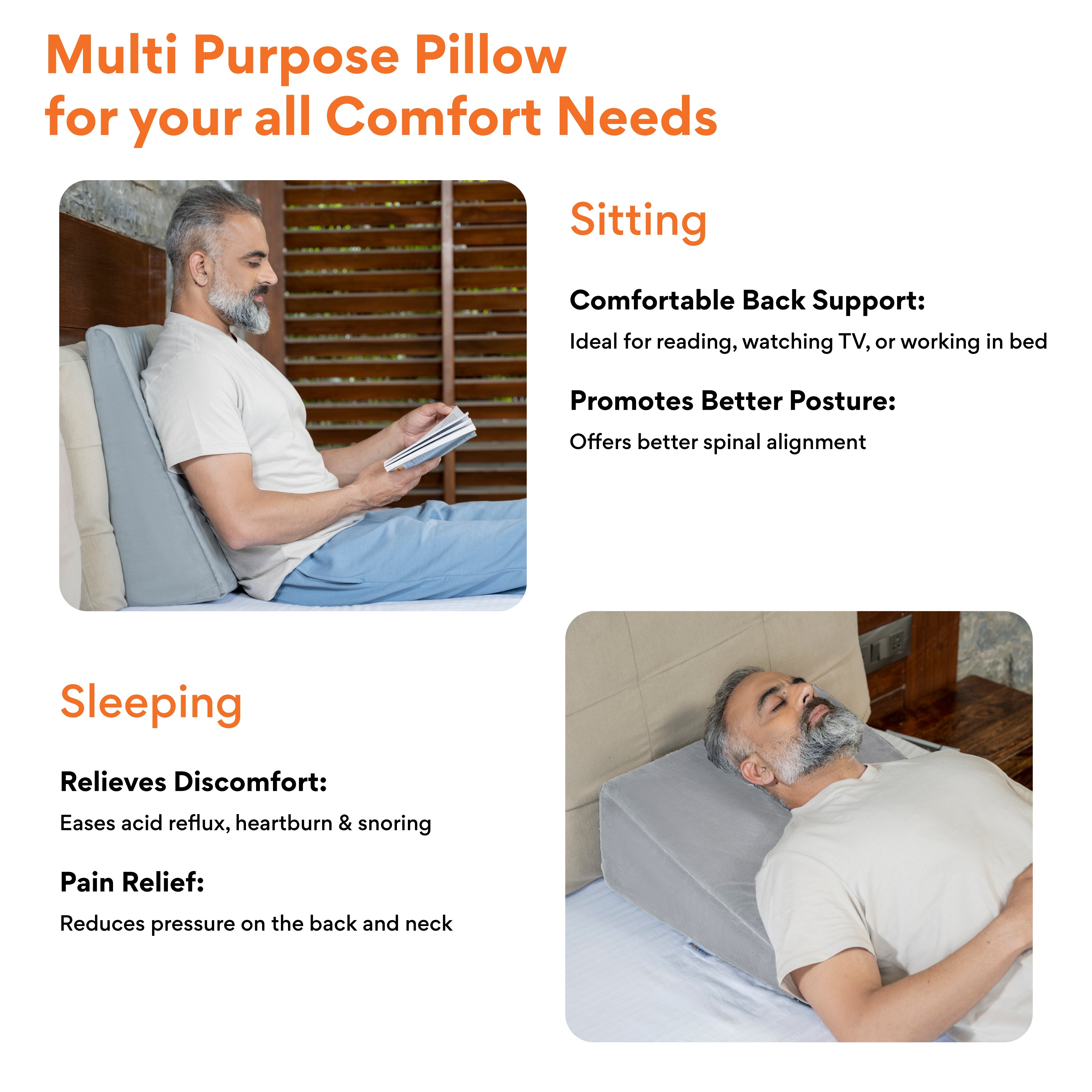 Multi Purpose Bed Wedge Pillow - Memory Foam Top