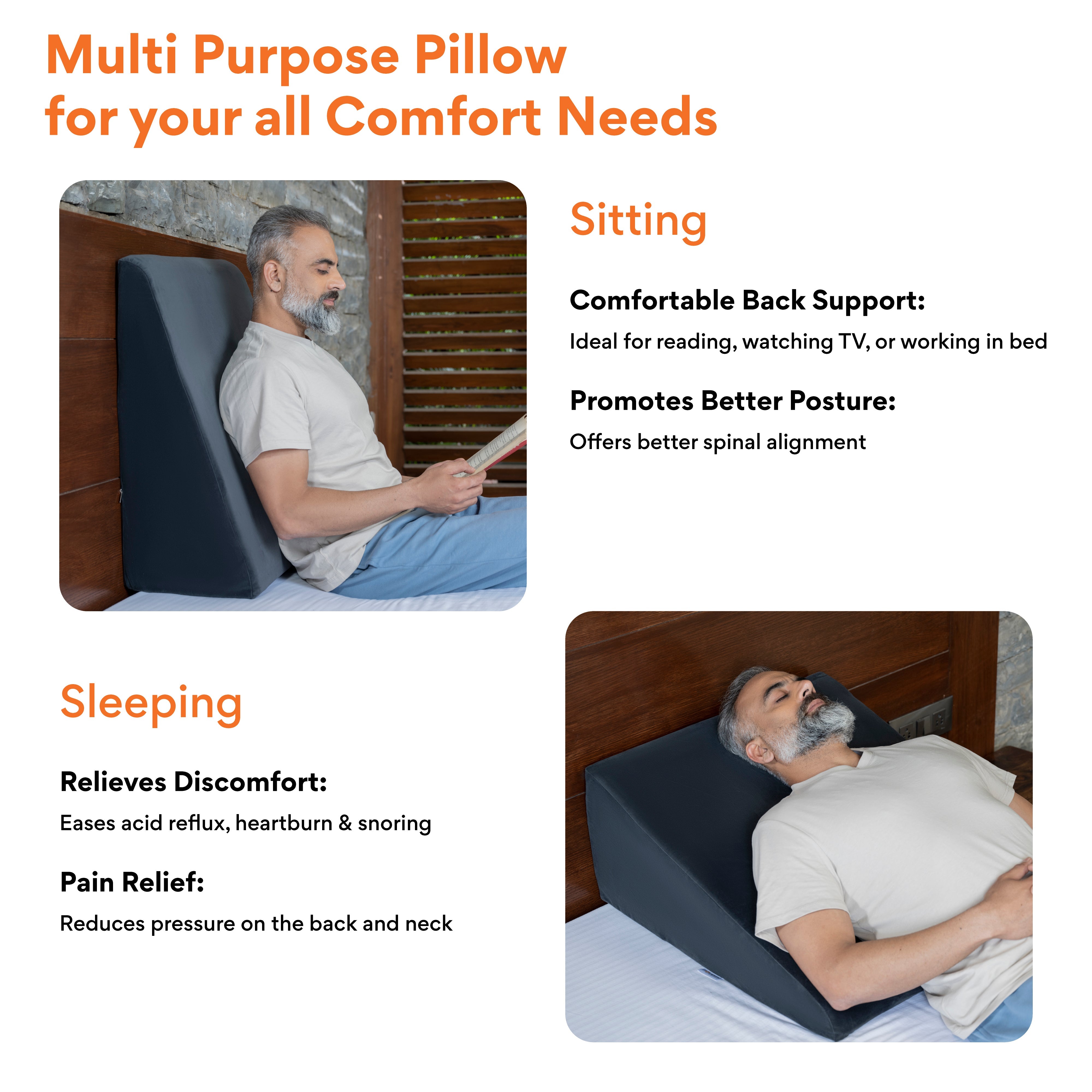 Multi Purpose Bed Wedge Pillow - Memory Foam Top