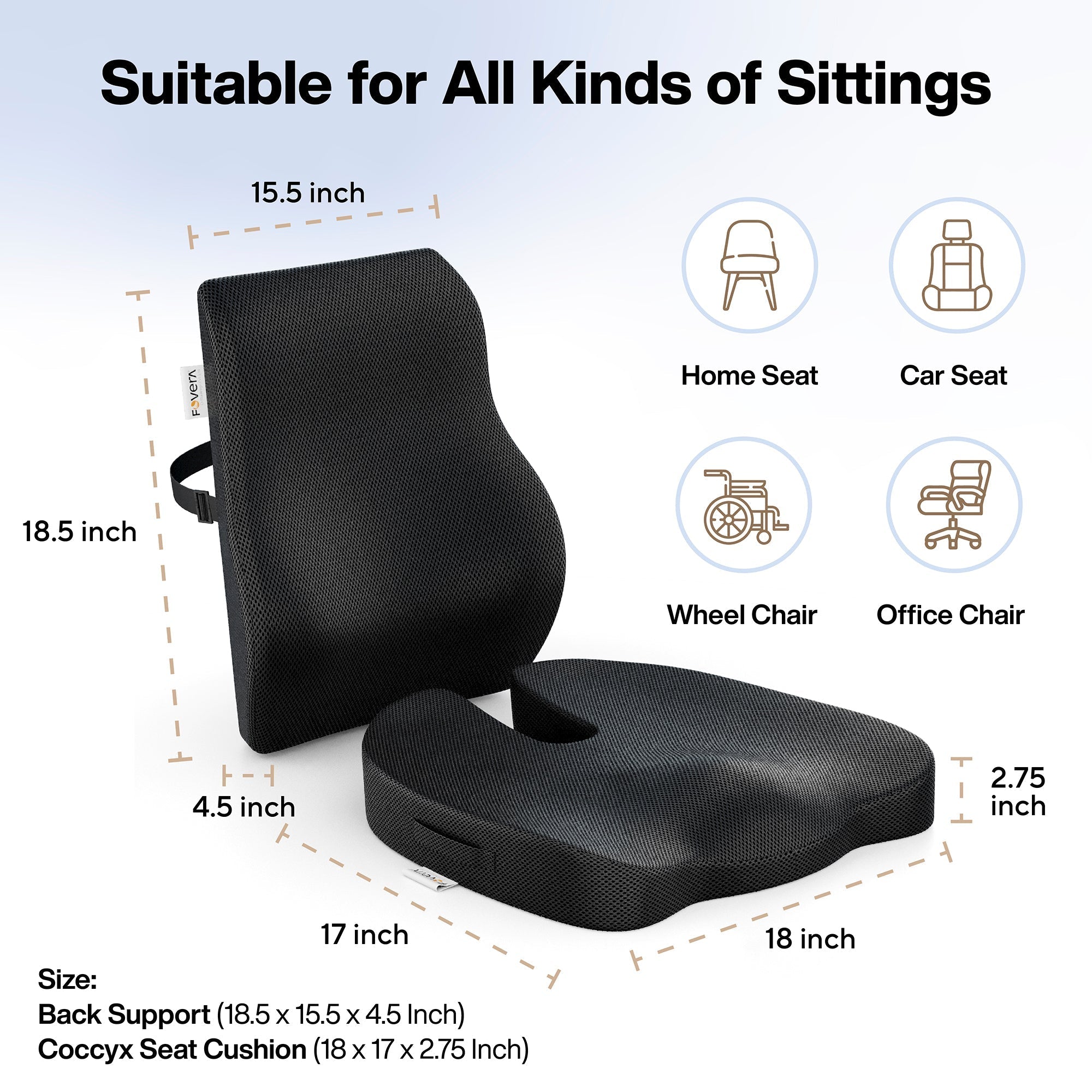 FOVERA Back Support for Chair & Coccyx Seat Cushion for Tailbone Combo