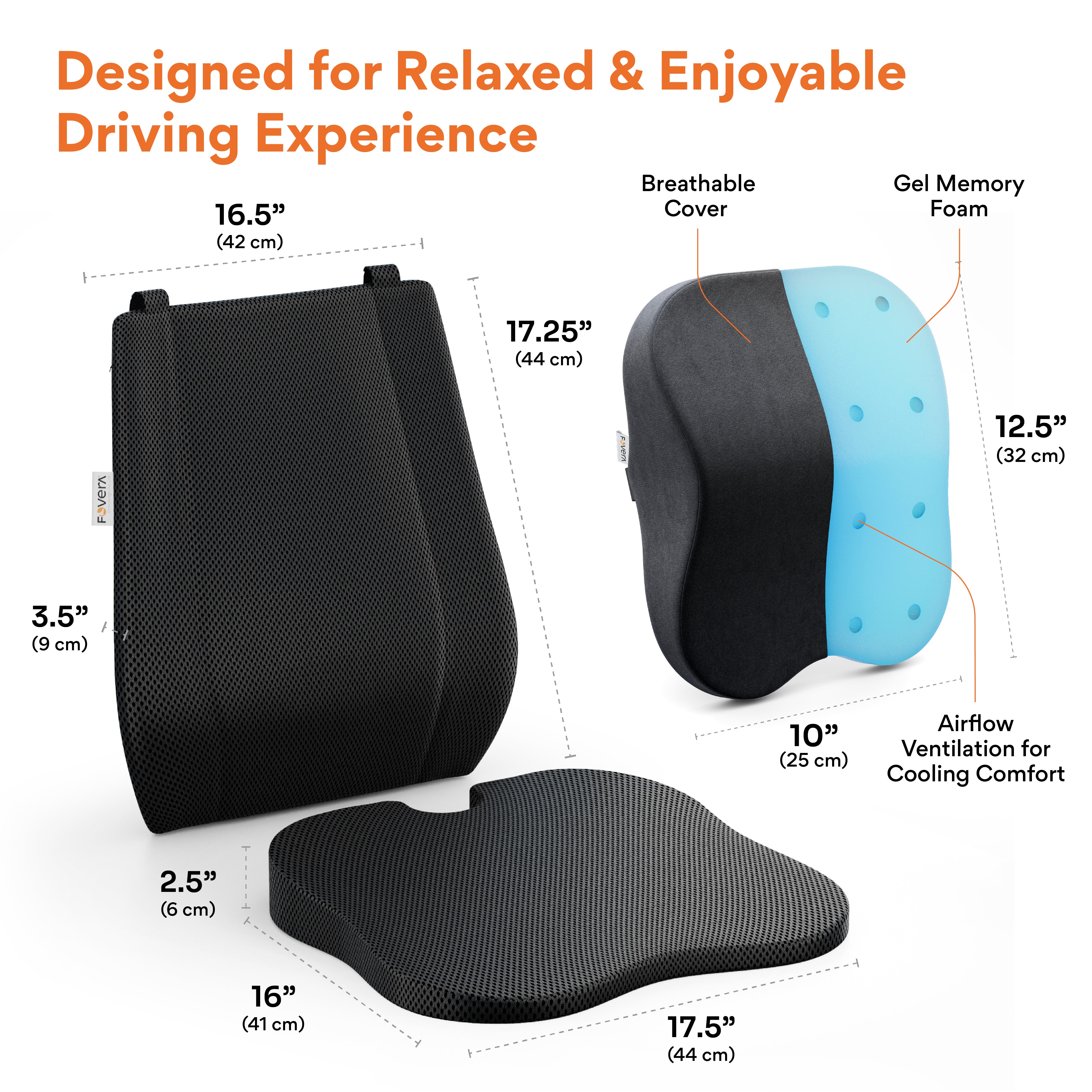 Memory Foam Car Cushions Combo – Backrest, Seat Cushion & Neck Pillow (Set of 3)