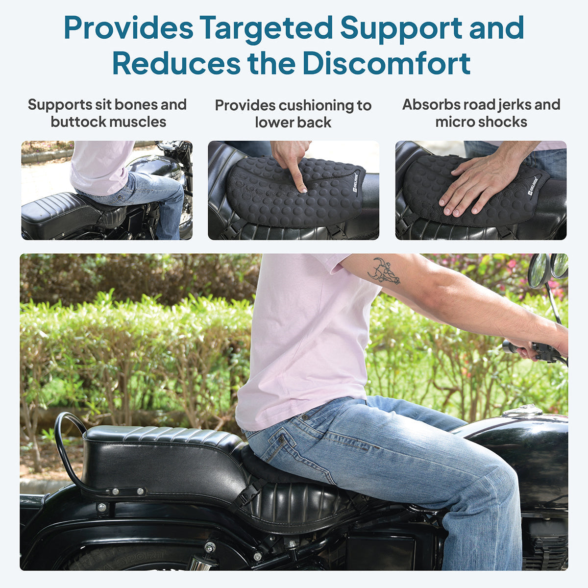 GELRIDE Motorcycle Gel Seat Cushion for Two Wheeler Riders & Daily Commuter