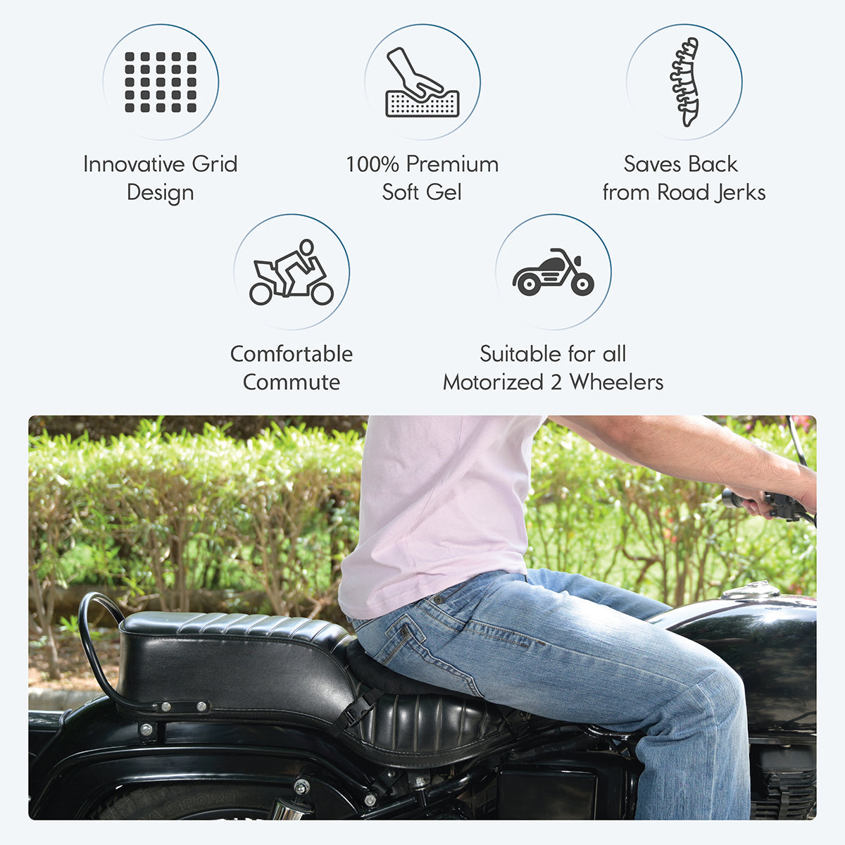 GELRIDE Motorcycle Gel Seat Cushion for Two Wheeler Riders & Daily Commuter